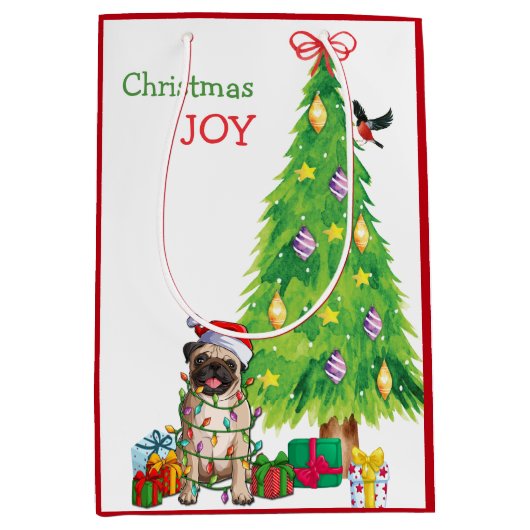 かわいいパグドッグサンタハットとクリスマスツリー ミディアムペーパーバッグ (正面)