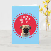 かわいいパグドッグハッピーバースデーブルーグリーティングカード カード (黄色い花)