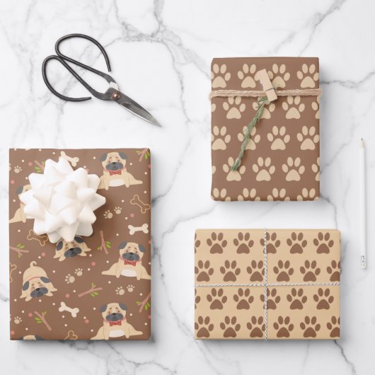 かわいいパグドッグポーズラッピング紙セット3 ラッピングペーパーシート (正面)