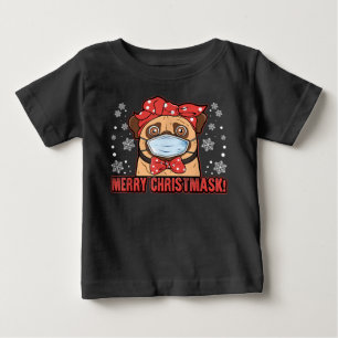 かわいいパグドッグ顔マスクメリークリスマス ベビーTシャツ