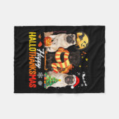 かわいいパグハッピーハロサンクサムハロウィーンサンクスギヴィ フリースブランケット (正面(横))