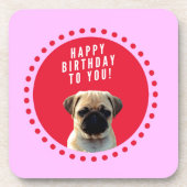 かわいいパグパピードッグハッピーバースデー赤いドットピンク コースター (正面)