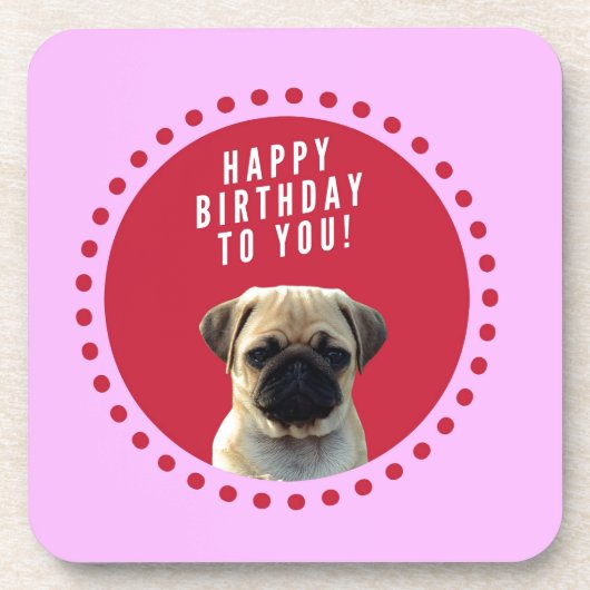 かわいいパグパピードッグハッピーバースデー赤いドットピンク コースター (正面)