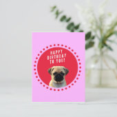 かわいいパグパピードッグハッピーバースデー赤いドットピンク ポストカード (スタンド正面)