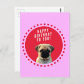 かわいいパグパピードッグハッピーバースデー赤いドットピンク ポストカード (正面/裏面)