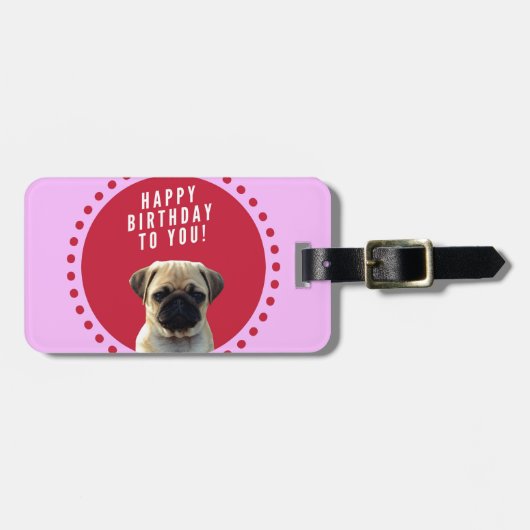 かわいいパグパピードッグハッピーバースデー赤いドットピンク ラゲッジタグ (正面横)