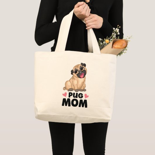 かわいいパグママ漫画の子犬の恋人のパおもしろいグ ラージトートバッグ (正面(商品))