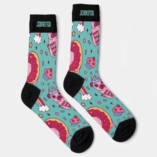 かわいいパグレインボーカップケーキレトロパターンドッグ恋人 ソックス (右)
