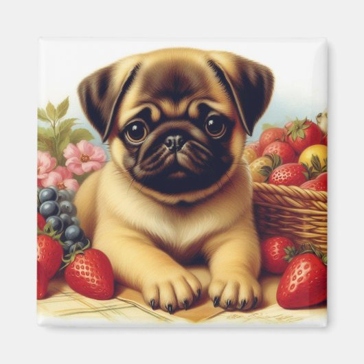 かわいいパグヴィンテージ絵画ズ マグネット (正面)