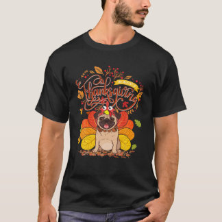 かわいいパグ幸せな感謝祭七面鳥の犬のサクサクの葉 Tシャツ