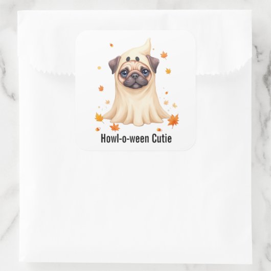 かわいいパグ幽霊ハロウィンウォーターカラーイラストレーション スクエアシール (バッグ)