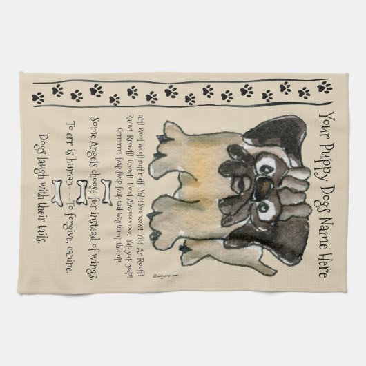 かわいいパグ漫画の犬の引用文キッチンタオル キッチンタオル (横)
