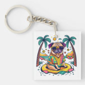 かわいいパグ犬との夏のプールでの楽しみ キーホルダー (正面)