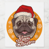 かわいいパグ犬のサンタ帽子と雪の結晶のクリスマス ワインラベル (シングルラベル)