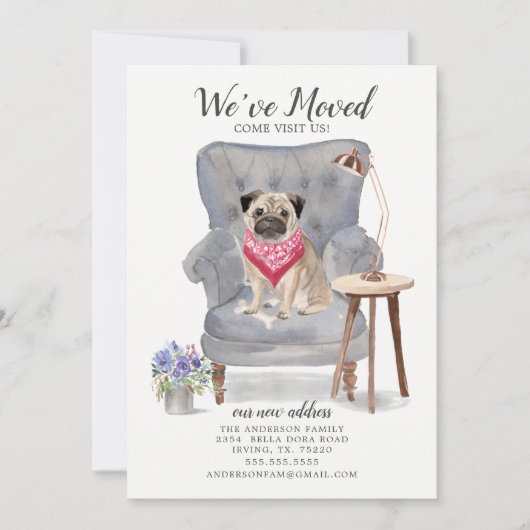かわいいパグ犬の引っ越しました移動告知 案内状 (正面)