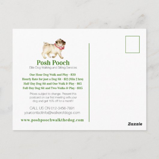 かわいいパグ犬の歩くと座りサービスのプロモーション ポストカード (裏面)