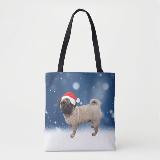 かわいいパグ犬クリスマスサンタハット雪の星 トートバッグ (正面)