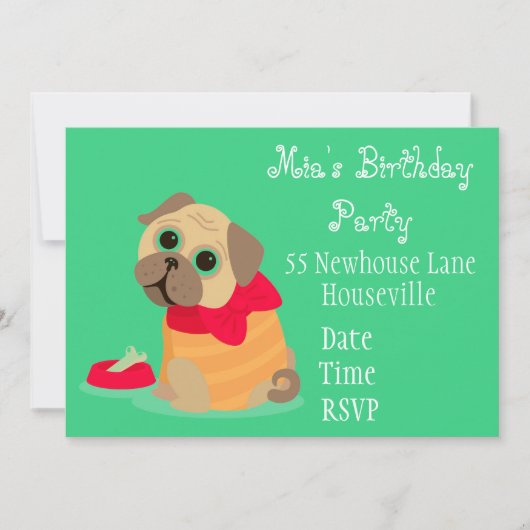 かわいいパグ犬動物愛好家女の子パーティー 招待状 (正面)