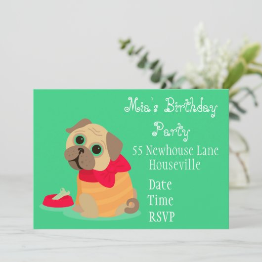 かわいいパグ犬動物愛好家女の子パーティー 招待状 (スタンド正面)