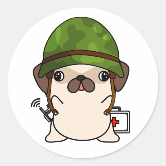 かわいいパグ着て軍用ヘルメット ラウンドシール (正面)