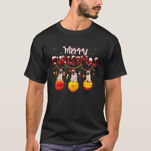かわいいパグ クリスマス 赤格子柄 サンタ帽子 パグ Tシャツ (正面)