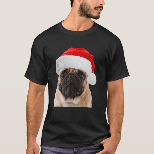 かわいいパグ サンタ帽子の画像 パグ クリスマス クール Tシャツ (正面)