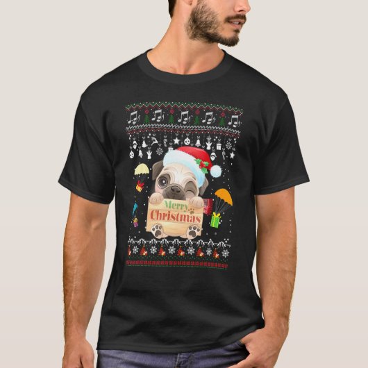かわいいパグ サンタ クリスマス 男子 パグマス 犬 犬好き Tシャツ (正面)