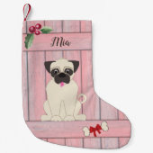 かわいいパグ ピンクの木製フェンス モノグラム スモールクリスマスストッキング (正面)