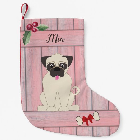 かわいいパグ ピンクの木製フェンス モノグラム スモールクリスマスストッキング (正面)