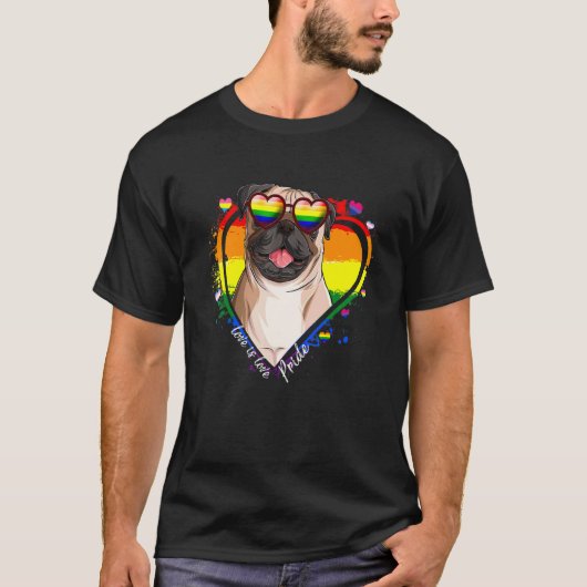 かわいいパグ 虹 ハート ゲイ プライド LGBT 犬 Tシャツ (正面)