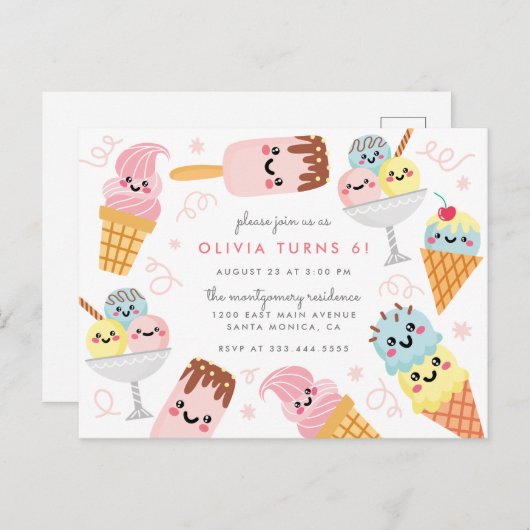 かわいいパステルアイスクリームキッズバースデーパーティー インビテーションポストカード (正面/裏面)