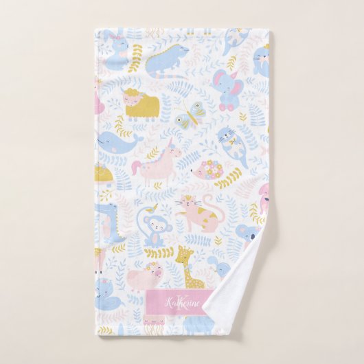 かわいいパステルアニマルモノグラムのガールピンクバスルーム バスタオルセット (ハンドタオル)