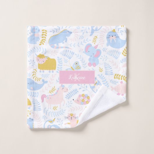 かわいいパステルアニマルモノグラムのガールピンクバスルーム バスタオルセット (ウォッシュタオル)