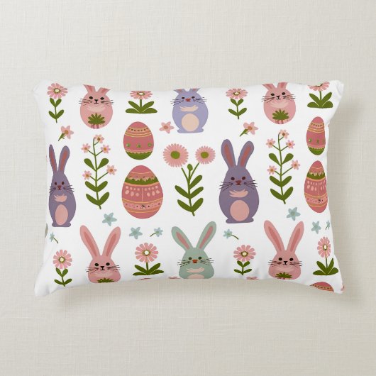 かわいいパステルイースターバニーと卵のシームレスなパターン アクセントクッション (正面)