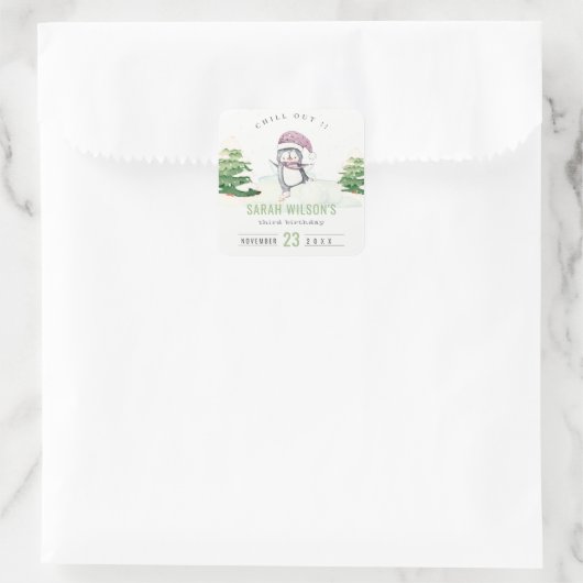 かわいいパステルウィンターペンギンキッズエイジ誕生日 スクエアシール (バッグ)