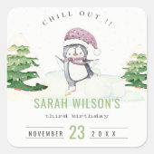 かわいいパステルウィンターペンギンキッズエイジ誕生日 スクエアシール (正面)