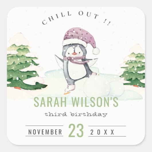 かわいいパステルウィンターペンギンキッズエイジ誕生日 スクエアシール (正面)