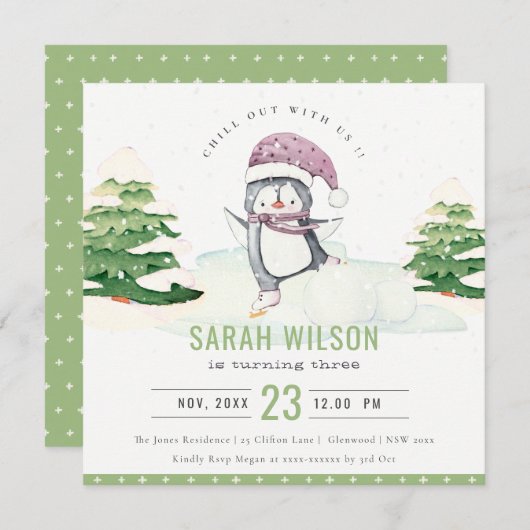 かわいいパステルウィンターペンギンキッズエイジ誕生日 招待状 (正面/裏面)