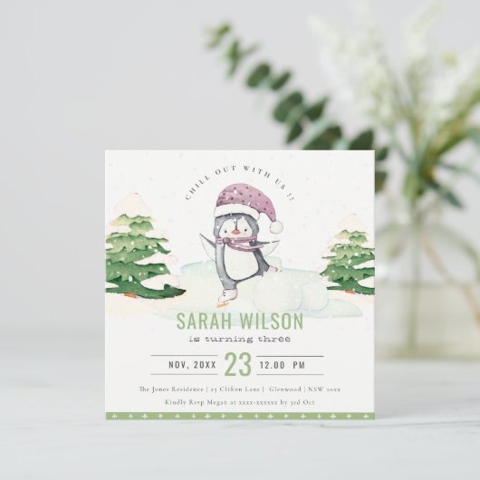 かわいいパステルウィンターペンギンキッズエイジ誕生日 招待状 (スタンド正面)