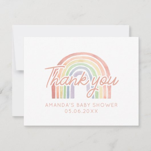 かわいいパステルウォーターカラーレインボーベビーシャワーフラット サンキューカード (正面)