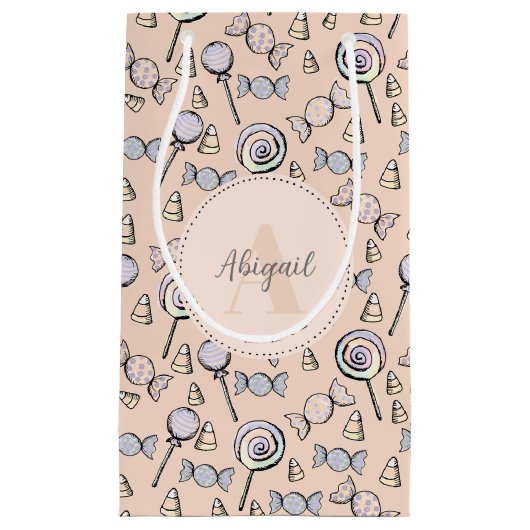 かわいいパステルオレンジモノグラム&ネームハロウィンキャンディ スモールペーパーバッグ (正面)