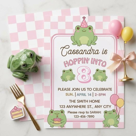  かわいいパステルカエルの女の子 8歳の誕生日 招待状
