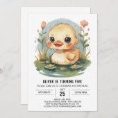 かわいいパステルカラーのあひるの誕生日 招待状 (正面/裏面)