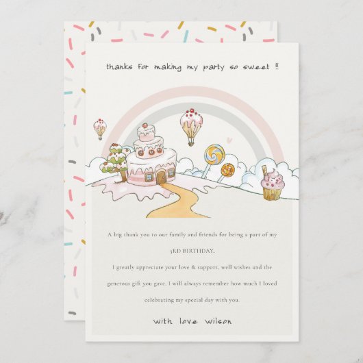 かわいいパステルカラーのスイートタイム キャンディーランドの子供の誕生日 サンキューカード (正面/裏面)