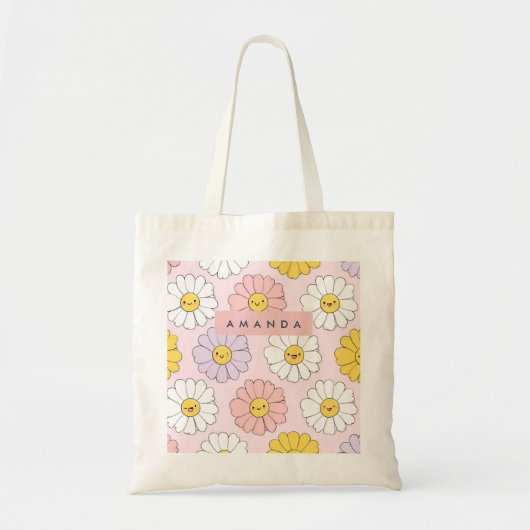 かわいいパステルカラーのデイジーの花の顔のオーダーメイドグッズ トートバッグ (正面)