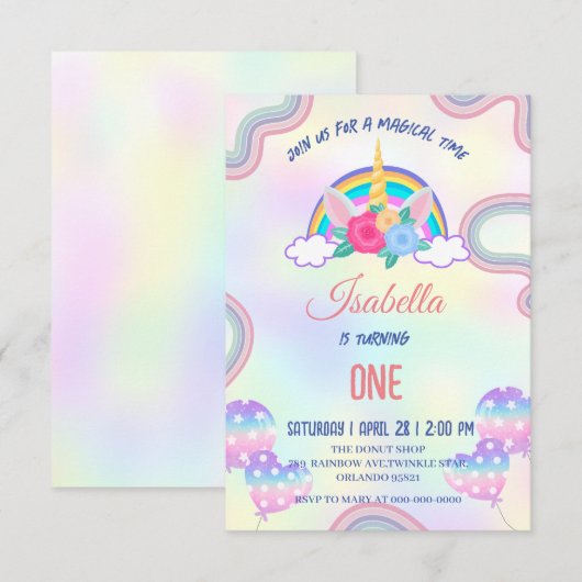 かわいいパステルカラーのユニコーンの虹の誕生日パーティー サンキューカード (正面/裏面)