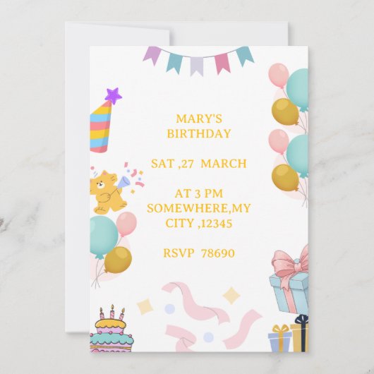 かわいいパステルカラーの子供の誕生日招待状カードです。 招待状 (正面)