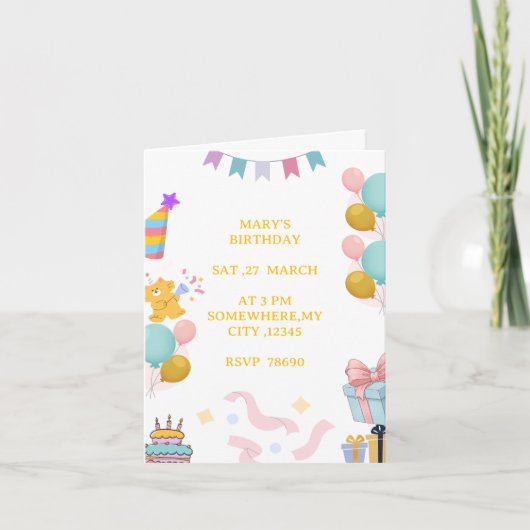 かわいいパステルカラーの子供の誕生日招待状カードです。 招待状 (正面)