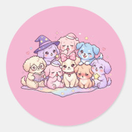 かわいいパステルカラーの子犬の友達ステッカーシート ラウンドシール