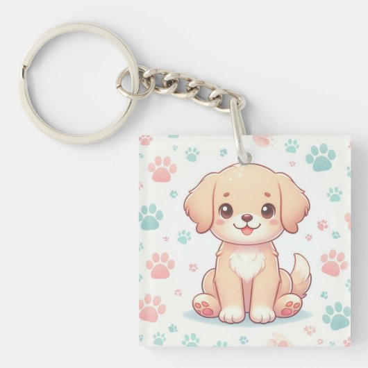 かわいいパステルカラーの子犬の足跡パターン キーホルダー (正面)